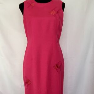 Talbots 8P linen Maxi dress, fish embroidery,Pink